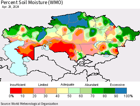 Kazakhstan Percent Soil Moisture (WMO) Thematic Map For 4/22/2024 - 4/28/2024