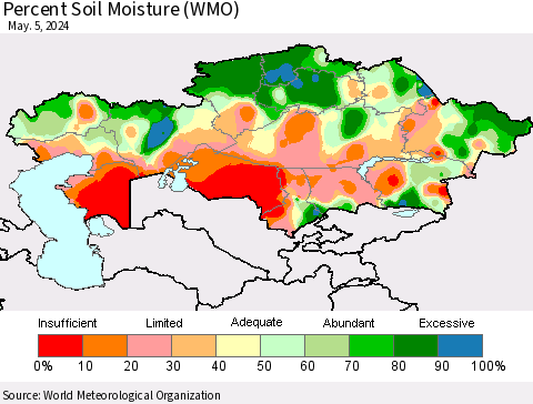 Kazakhstan Percent Soil Moisture (WMO) Thematic Map For 4/29/2024 - 5/5/2024