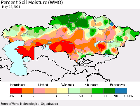 Kazakhstan Percent Soil Moisture (WMO) Thematic Map For 5/6/2024 - 5/12/2024