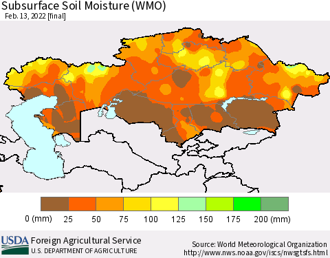 Kazakhstan Subsurface Soil Moisture (WMO) Thematic Map For 2/7/2022 - 2/13/2022