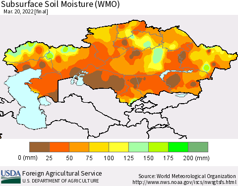 Kazakhstan Subsurface Soil Moisture (WMO) Thematic Map For 3/14/2022 - 3/20/2022