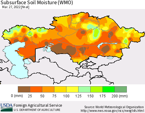 Kazakhstan Subsurface Soil Moisture (WMO) Thematic Map For 3/21/2022 - 3/27/2022