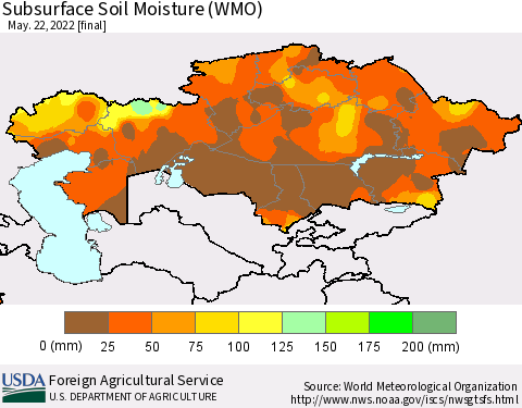 Kazakhstan Subsurface Soil Moisture (WMO) Thematic Map For 5/16/2022 - 5/22/2022