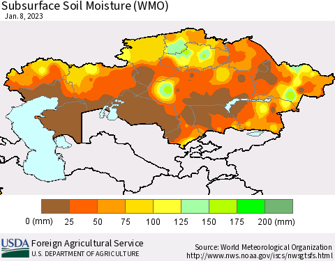 Kazakhstan Subsurface Soil Moisture (WMO) Thematic Map For 1/2/2023 - 1/8/2023