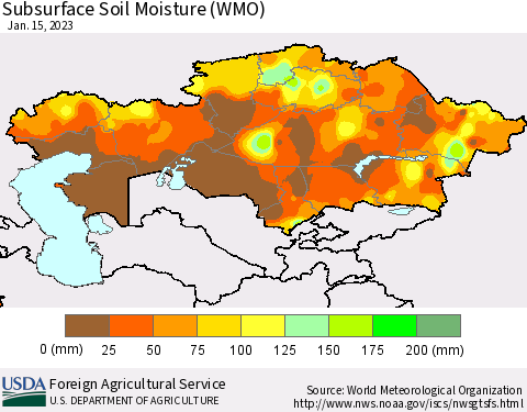 Kazakhstan Subsurface Soil Moisture (WMO) Thematic Map For 1/9/2023 - 1/15/2023