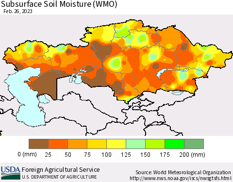 Kazakhstan Subsurface Soil Moisture (WMO) Thematic Map For 2/20/2023 - 2/26/2023