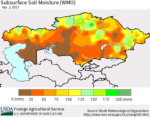 Kazakhstan Subsurface Soil Moisture (WMO) Thematic Map For 3/27/2023 - 4/2/2023