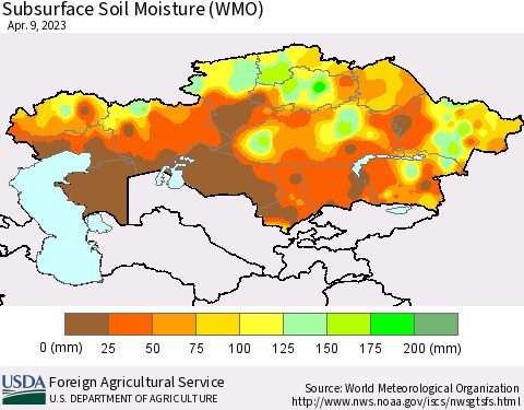 Kazakhstan Subsurface Soil Moisture (WMO) Thematic Map For 4/3/2023 - 4/9/2023