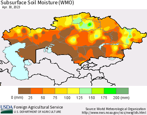 Kazakhstan Subsurface Soil Moisture (WMO) Thematic Map For 4/24/2023 - 4/30/2023