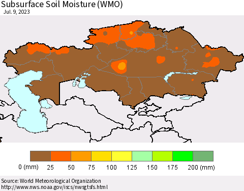 Kazakhstan Subsurface Soil Moisture (WMO) Thematic Map For 7/3/2023 - 7/9/2023