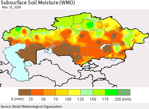 Kazakhstan Subsurface Soil Moisture (WMO) Thematic Map For 3/25/2024 - 3/31/2024