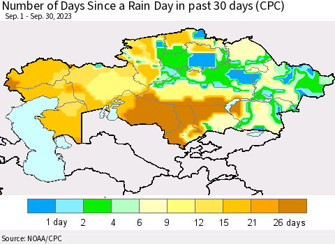 Kazakhstan Number of Days Since a Rain Day in past 30 days (CPC) Thematic Map For 9/26/2023 - 9/30/2023