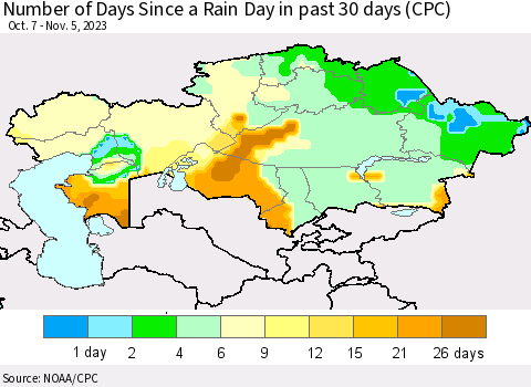 Kazakhstan Number of Days Since a Rain Day in past 30 days (CPC) Thematic Map For 11/1/2023 - 11/5/2023