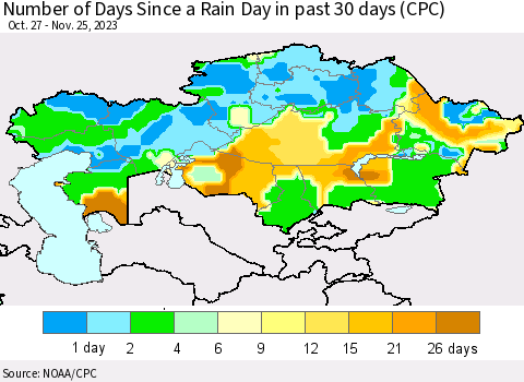 Kazakhstan Number of Days Since a Rain Day in past 30 days (CPC) Thematic Map For 11/21/2023 - 11/25/2023
