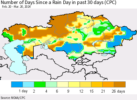 Kazakhstan Number of Days Since a Rain Day in past 30 days (CPC) Thematic Map For 3/16/2024 - 3/20/2024