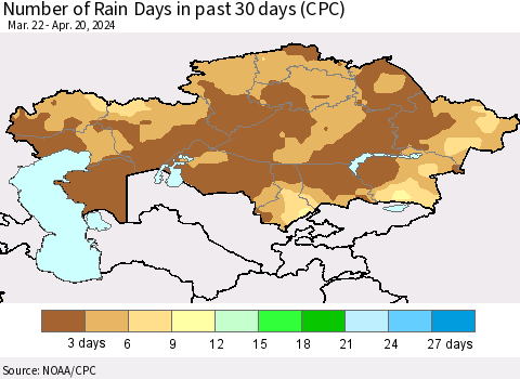 Kazakhstan Number of Rain Days in past 30 days (CPC) Thematic Map For 4/16/2024 - 4/20/2024