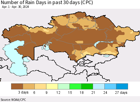 Kazakhstan Number of Rain Days in past 30 days (CPC) Thematic Map For 4/26/2024 - 4/30/2024