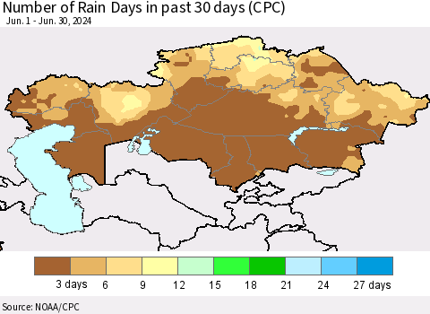 Kazakhstan Number of Rain Days in past 30 days (CPC) Thematic Map For 6/26/2024 - 6/30/2024