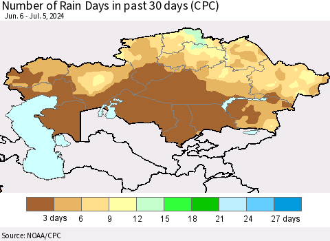 Kazakhstan Number of Rain Days in past 30 days (CPC) Thematic Map For 7/1/2024 - 7/5/2024