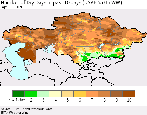 Kazakhstan Number of Dry Days in past 10 days (USAF 557th WW) Thematic Map For 4/1/2021 - 4/5/2021
