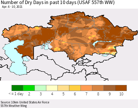 Kazakhstan Number of Dry Days in past 10 days (USAF 557th WW) Thematic Map For 4/6/2021 - 4/10/2021
