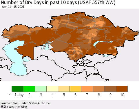 Kazakhstan Number of Dry Days in past 10 days (USAF 557th WW) Thematic Map For 4/11/2021 - 4/15/2021
