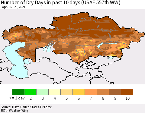 Kazakhstan Number of Dry Days in past 10 days (USAF 557th WW) Thematic Map For 4/16/2021 - 4/20/2021