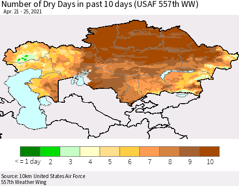 Kazakhstan Number of Dry Days in past 10 days (USAF 557th WW) Thematic Map For 4/21/2021 - 4/25/2021