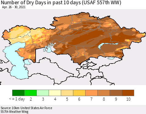 Kazakhstan Number of Dry Days in past 10 days (USAF 557th WW) Thematic Map For 4/26/2021 - 4/30/2021