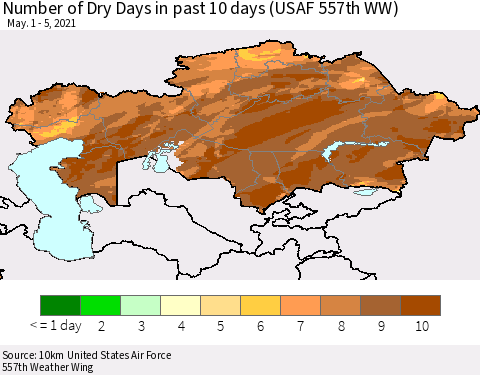 Kazakhstan Number of Dry Days in past 10 days (USAF 557th WW) Thematic Map For 5/1/2021 - 5/5/2021