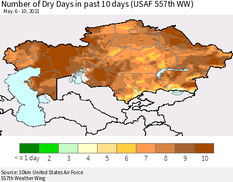 Kazakhstan Number of Dry Days in past 10 days (USAF 557th WW) Thematic Map For 5/6/2021 - 5/10/2021