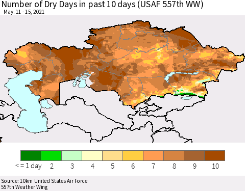 Kazakhstan Number of Dry Days in past 10 days (USAF 557th WW) Thematic Map For 5/11/2021 - 5/15/2021