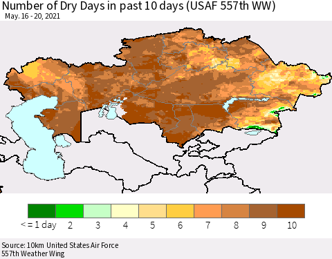 Kazakhstan Number of Dry Days in past 10 days (USAF 557th WW) Thematic Map For 5/16/2021 - 5/20/2021