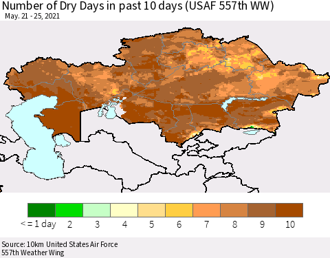 Kazakhstan Number of Dry Days in past 10 days (USAF 557th WW) Thematic Map For 5/21/2021 - 5/25/2021