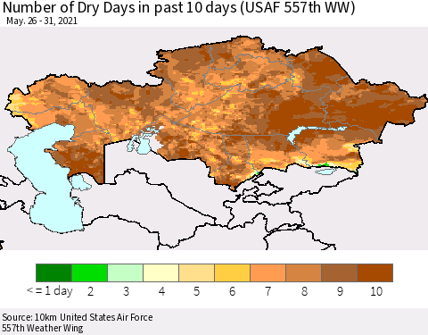 Kazakhstan Number of Dry Days in past 10 days (USAF 557th WW) Thematic Map For 5/26/2021 - 5/31/2021