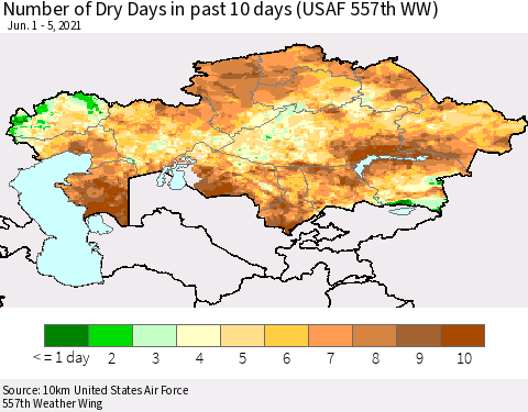 Kazakhstan Number of Dry Days in past 10 days (USAF 557th WW) Thematic Map For 6/1/2021 - 6/5/2021