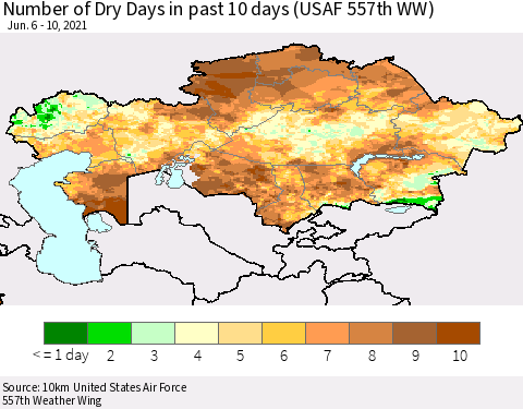 Kazakhstan Number of Dry Days in past 10 days (USAF 557th WW) Thematic Map For 6/6/2021 - 6/10/2021