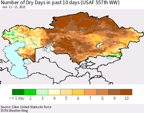 Kazakhstan Number of Dry Days in past 10 days (USAF 557th WW) Thematic Map For 6/11/2021 - 6/15/2021
