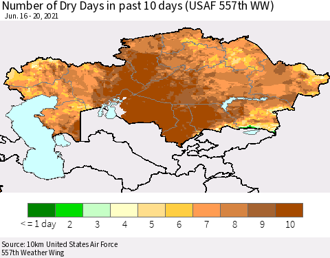 Kazakhstan Number of Dry Days in past 10 days (USAF 557th WW) Thematic Map For 6/16/2021 - 6/20/2021