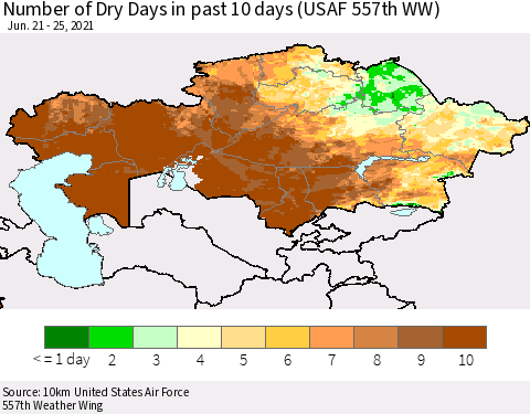 Kazakhstan Number of Dry Days in past 10 days (USAF 557th WW) Thematic Map For 6/21/2021 - 6/25/2021