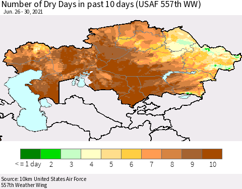 Kazakhstan Number of Dry Days in past 10 days (USAF 557th WW) Thematic Map For 6/26/2021 - 6/30/2021