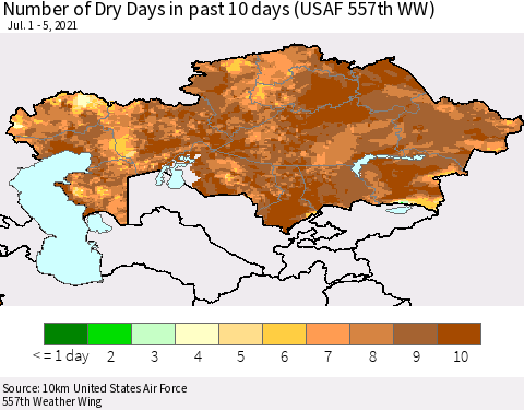Kazakhstan Number of Dry Days in past 10 days (USAF 557th WW) Thematic Map For 7/1/2021 - 7/5/2021