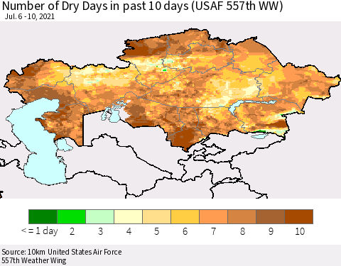 Kazakhstan Number of Dry Days in past 10 days (USAF 557th WW) Thematic Map For 7/6/2021 - 7/10/2021