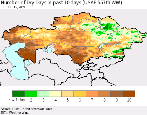 Kazakhstan Number of Dry Days in past 10 days (USAF 557th WW) Thematic Map For 7/11/2021 - 7/15/2021