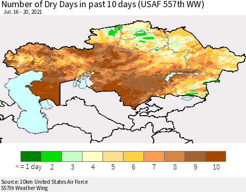 Kazakhstan Number of Dry Days in past 10 days (USAF 557th WW) Thematic Map For 7/16/2021 - 7/20/2021