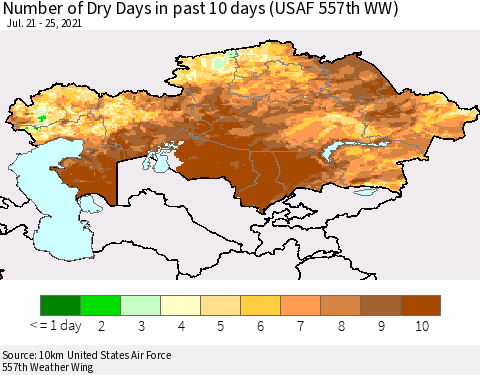 Kazakhstan Number of Dry Days in past 10 days (USAF 557th WW) Thematic Map For 7/21/2021 - 7/25/2021