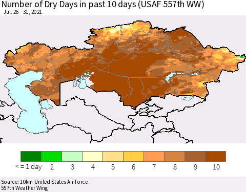 Kazakhstan Number of Dry Days in past 10 days (USAF 557th WW) Thematic Map For 7/26/2021 - 7/31/2021