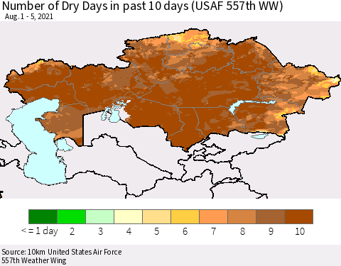 Kazakhstan Number of Dry Days in past 10 days (USAF 557th WW) Thematic Map For 8/1/2021 - 8/5/2021