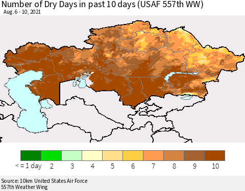 Kazakhstan Number of Dry Days in past 10 days (USAF 557th WW) Thematic Map For 8/6/2021 - 8/10/2021