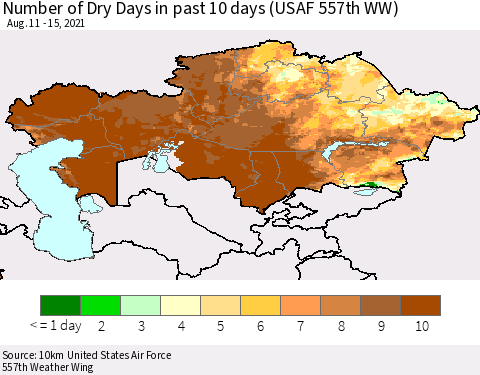 Kazakhstan Number of Dry Days in past 10 days (USAF 557th WW) Thematic Map For 8/11/2021 - 8/15/2021